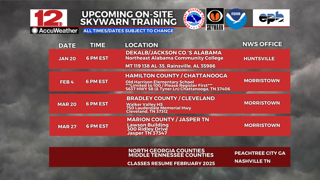 The prime season for #severeweather is upon us in the Tennessee River Valley. Time to #BeReady.
Updated listing of #Skywarn volunteer #stormspotter training sessions in the @WDEFNews12 viewing area. More expected in the next few weeks so #StayTuned 