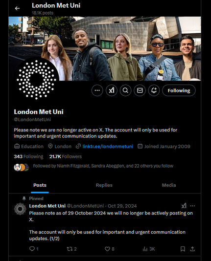screenshot of London Met Uni leaving Twitter on Oct 29 2024.
