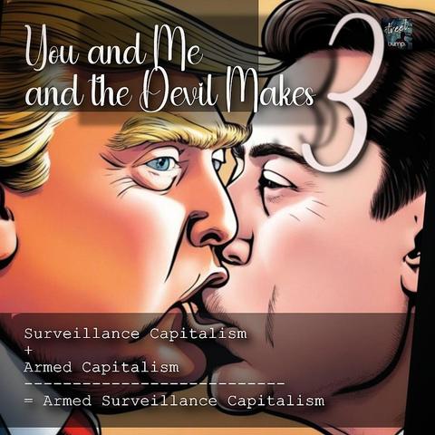 Diese Abbildung gab Google bis vor kurzem noch auf Anfrage heraus. Heute hat Google so etwas gesperrt.

Ursprünglicher ALTText:
"Die Abbildung im Comic-Stil zeigt den machtgierigen Elon Musk, privilegierter Überwachungskapitalist, und den machtgierigen Donald Trump, designierter amerikanischer Präsident, dann Eigentümer der weltgrößten Armee. Sie küssen sich. Musk beißt dabei Trump in die Lippe.
Der eine ist im Besitz des Kapitals. Der andere im Besitz der Waffen.
Die Verbindung zwischen diesen beiden Personen ist eine zwangsläufige, und absehbar tödliche, Folge der gesellschaftlichen und politischen Entwicklung des sogenannten "Westens"."