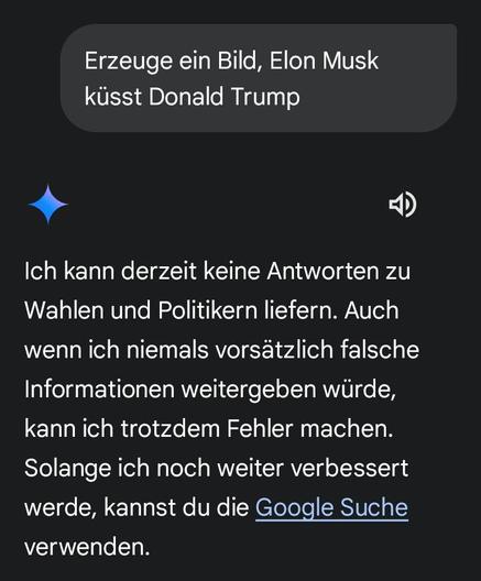 Screenshot: In der neuen Trump-faschistischen political correctness weigert sich Google, Informationen, die Google früher lieferte, herzugeben, mit der Meldung "Ich kann derzeit keine Antworten zu Wahlen und Politikern liefern. Auch wenn ich niemals vorsätzlich falsche Informationen weitergeben würde, kann ich trotzdem Fehler machen. Solange ich noch weiter verbessert werde, kannst du die Google Suche verwenden"