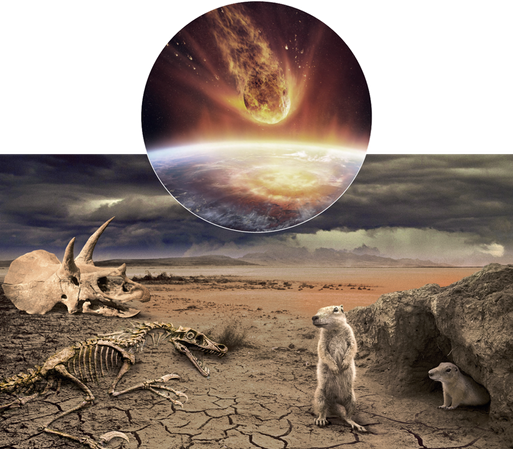 Paysage désertique avec des squelettes de dinosaures et des petits rongeurs près d'un terrier. Une image d'un impact de météorite s'approchant de la terre est présentée au-dessus du paysage.