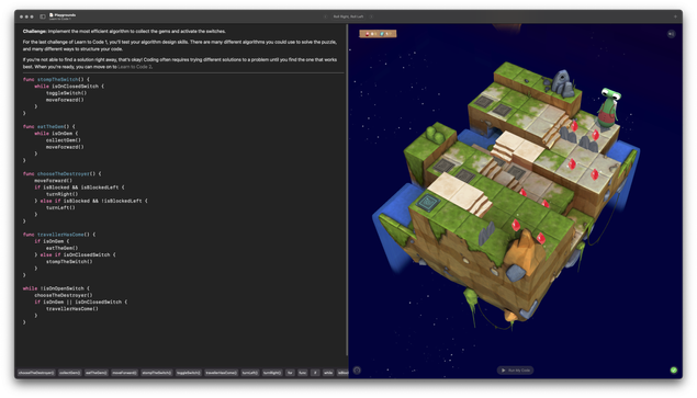 A screenshot from Swift Playgrounds featuring functions named for humorous value. Specifically, "ChooseTheDestroyer" and "TravellerHasCome", a reference to the original Ghostbusters movie.
