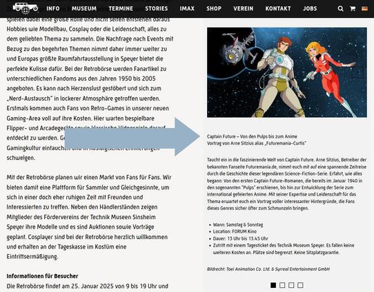Screenshot der Website des Technik-Museums Speyer mit Ankündigung des Captain-Future-Vortrags von Futuremania-Gründer Arne Sitzius