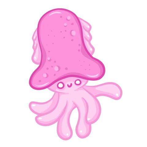 Cartoon illustration of a simple pink squid with six tentacles, white eyes, and a small smile.