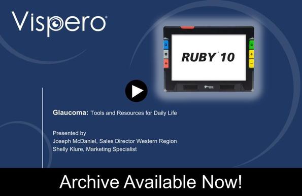 Opening slide of the Glaucoma webinar. RUBY 10 pictured in the upper right-hand corner. Presented by: Joseph McDaniel and Shelly Klure. Archive Available Now!