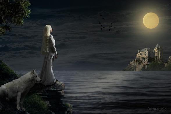 A beautiful young blonde standing on the lake rock with her white wolf. She is looking at a moonlit castle in the distance. I made this image in 2018. using digital composition and photo manipulation techniques.