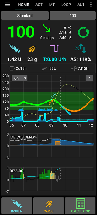 Screenshot der AAPS Software. Hauptanzeige ist der aktuelle Blutzuckerwert. Zusätzlich sehr viele Zusatzfunktionen und Grafische Statusanzeigen. 

Das Bild stammt aus der Software Dokumentation https://androidaps.readthedocs.io/de/latest/DailyLifeWithAaps/AapsScreens.html