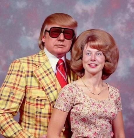 An AI generated image of Trump and Elon Musk (as the first lady) in 1970s style dress and appearance