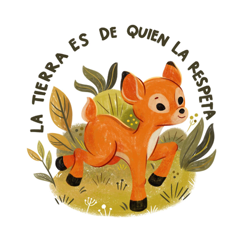 ilustración de un venadito joven corriendo por el bosque, haciendo referencia al venadito grabado corriendo asustado por las calles de Los Ángeles, huyendo de los incendios provocados por el cambio climático. Alrededor del venado, que es color café y cola beige, hay plantas verdes y pasto; en la parte superior se lee el texto: “la tierra es de quien la respeta” en verde oscuro. Fin de la descripción