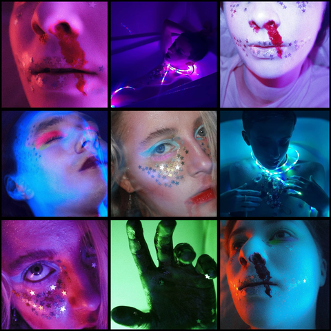 divers portraits en complément aux trois premiers avec diverses personnes, ensemble : une esthétique entre l’horreur et le rêve, avec des paillettes, des néons, des lumières aux couleurs diverses…