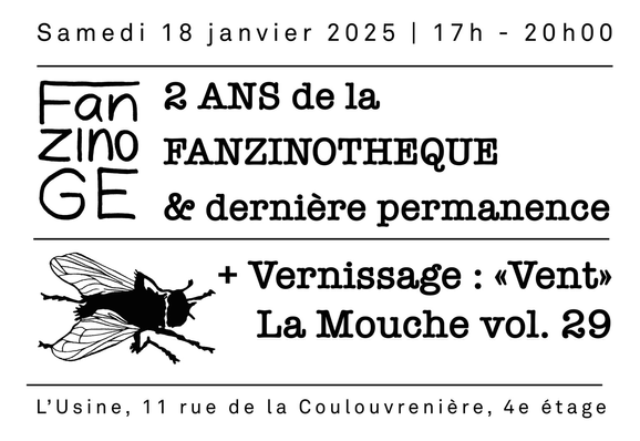 Flyer alternatif avec le logo de la fanzinotheque et le logo de la mouche. Texte. 