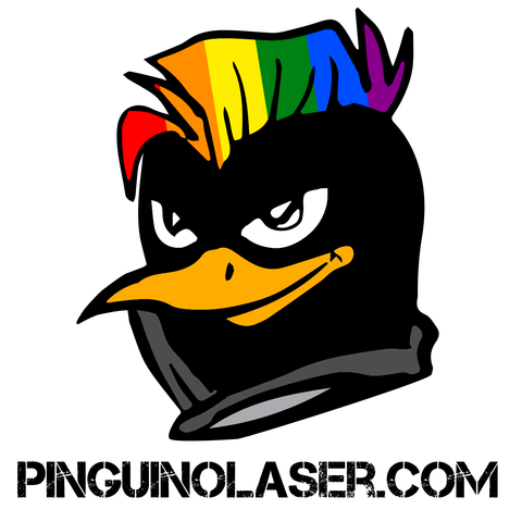 Logo de la empresa pingüino láser en el que se puede ver la ilsutración de un pingüino con una cresta punk con los colores del arcoiris. 
Bajo el pingüino se puede leer la web de la empresa: pinguinolaser.com