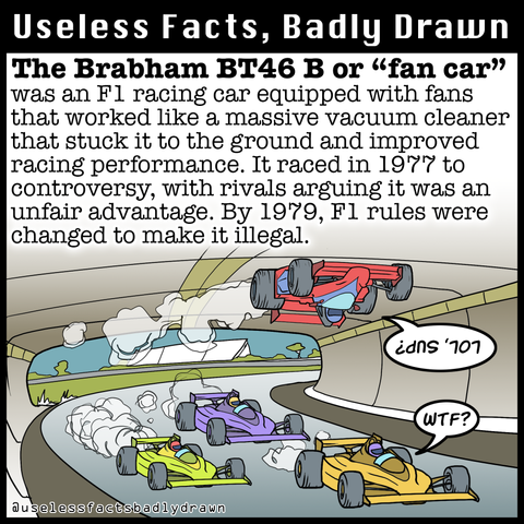 The Brabham BT46 B or "fan car" was an El racing car equipped with fans that worked like a massive vacuum cleaner that stuck it to the ground and improved racing performance. It raced in 1977 to controversy, with rivals arguing it was an unfair advantage. By 1979, Fl rules were changed to make it illegal.