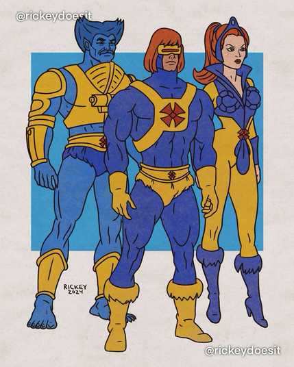 Masters of the Universe heroes He-Man, Teela & Man-at-Arms mashed up with X-Men Cyclops, Jean Grey & Beast