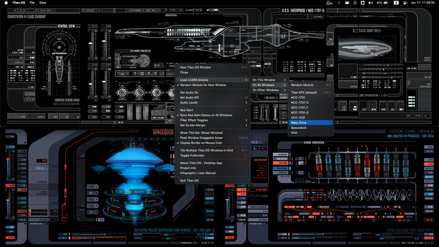 three tiled Titan.DS windows w/ context menu
