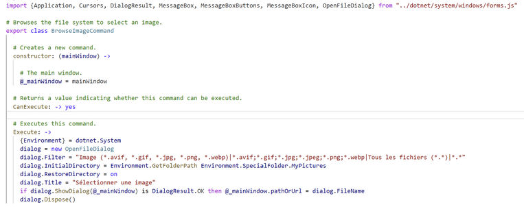 A CoffeeScript code snippet for developing a .NET Windows Forms application.