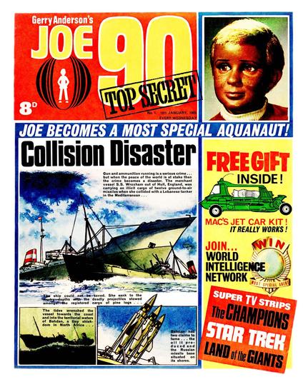 The cover of issue 1 of Joe 90: Special Agent comic, dated 18th January, 1969.

Spare a thought for poor old Joe 90, who starred in what was almost, but not quite, the least interesting strip in his own comic (the least interesting strip in the comic was actually something called Ninepence + Tenpence = Sport, about two Inuit kids who are sporting prodigies. Yawn!).