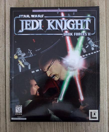 An image of the box of LucasArts' 1997 Star Wars game Jedi Knight: Dark Forces II, with a title logo that uses a very similar font for the words "Jedi Knight".