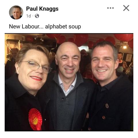 Screenshot of a Paul Knaggs facebook post, which is a photo of (left to right) Suzy Izzard, Ivor Kaplin & Peter Kyle - with Knaggs' comment, "New Labour... alphabet soup."