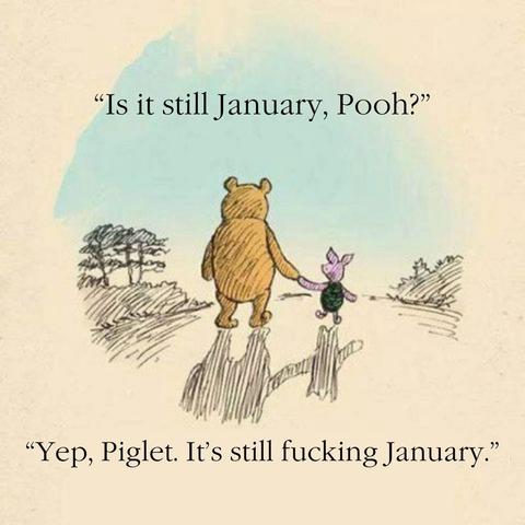 This image features a classic illustration of Winnie the Pooh and Piglet holding hands as they walk through a pastoral scene. Above and below the characters is text. The dialogue reads:

Piglet: "Is it still January, Pooh?"
Pooh: "Yep, Piglet. It's still f***ing January."

The illustration captures a humorous, modern twist on the iconic characters, highlighting the sense of time dragging during the month of January.

