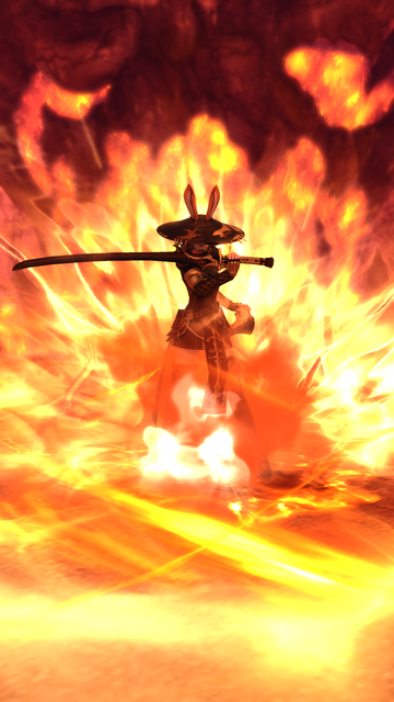 A viera samurai brandishing her blade in a gout of flame and framed with a molten lava monster's face in the background. 