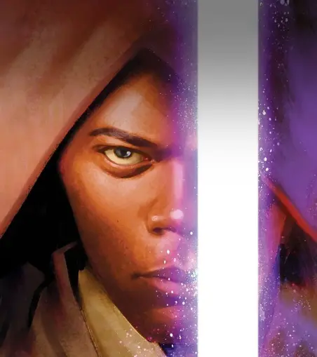 Zoom sur la couverture dessinée de la bande dessinée consacrée à Mace Windu. Sur la gauche de l'image, on y voir la moitié du visage du Jedi et sur la droite, il y a principalement son sabre-laser violet.