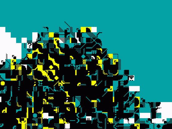 An abstract image composed of letters from a custom character pixel font consisting of various low-resolution geometric shapes and checkerboards. The overall impression is of a mass of yellow and black mechanical parts sitting on the left-hand side of the foreground against the backdrop of a clear, teal coloured sky.