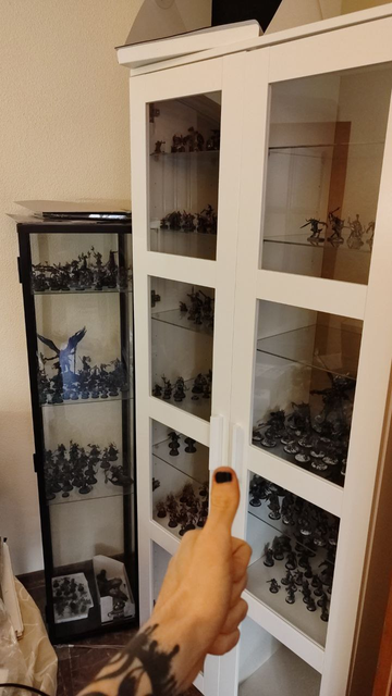 Picture showcasing two cupboards with about 250-300 painted warhammer miniatures of several different factions