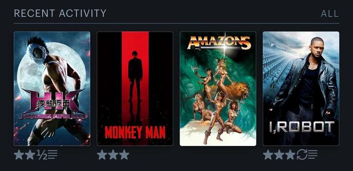 4 Filmplakate für die Filme: 

- Hentai Kamen
- Monkey Man
- Amazons
- I, Robot