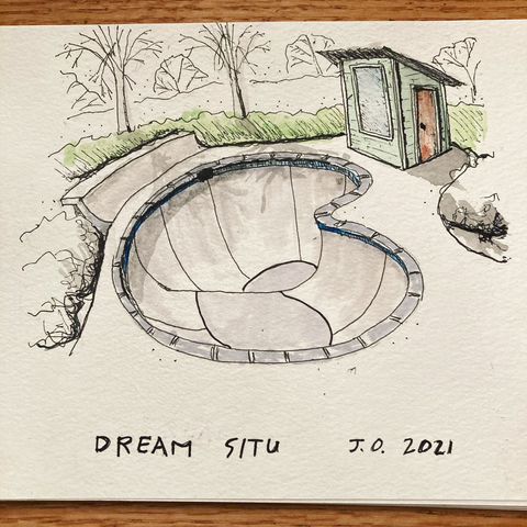 A perspective drawing of an empty backyard swimming pool designed for skateboarding next to a small shack in a natural setting, the dream situation for the nature obsessed skateboarder 