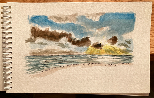 An imagined coastal scene with yellow sunburst and clouds over the beach 