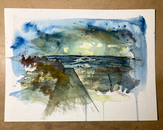 An abstract coastal scene including a pier in the evening with two people wading in the water up to their shoulders. 