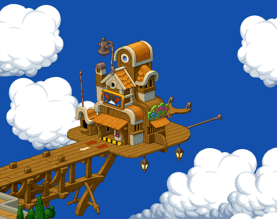 A house/ticket office, at the end of a wooden bridge, suspended, and stopping in the void, in the clouds. A bell hangs from the top of the building, lanterns, from the edge of the pontoon

French/français : Une maison/guichet, au bout d'un pont, en bois, suspendu, et s'arrêtant dans le vide, dans les nuages. Une cloche est suspendue en haut de l'édifice, des lanternes, au rebord du ponton