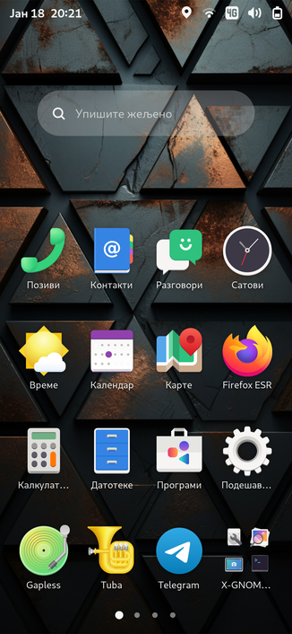 Screenshot of Gnome Mobile  with app icons and top bar.
