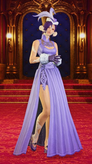 A female raen Au Ra in a lavender purple evening dress, posing on the red carpet.