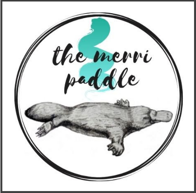 Text:
the Merri Paddle 
Image:
Green-blue Creek water swirls 
A Platypus 