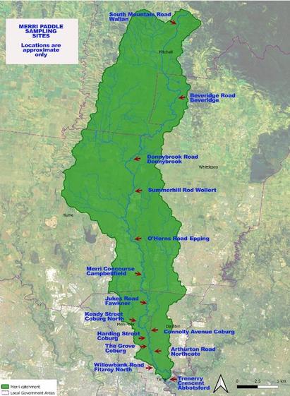 Text overlaid on map 
Merri Paddle 
Sampling
Sites 
(Locations are approximate only)

South Mountain Road 
Wallan

Beveridge Road
Beveridge

Donnybrook Road
Donnybrook

Summerhill Road
Wollert

OHerns Road
Epping 

Merri Concourse
Campbellfield

Jukes Road 
Fawkner

Keady Street
North Coburg

Harding Street
Coburg

The Grove 
Coburg

Atherton Road 
Northcote

Willowbank Road
Fitzroy North

Trenery Crescent 
Abbotsford