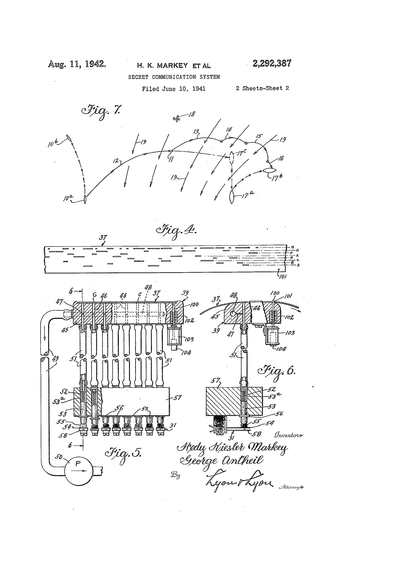 U.S. patent 2,292,387 granted on August 11, 1942, under her legal name Hedy Kiesler Markey.

H04L9/38 - Encryption being effected by mechanical apparatus, e.g. rotating cams, switches, keytape punchers

Subject-matter directed to cryptographic mechanisms involving encryption effected by mechanical apparatus, as rotating cams, switches or key-tape punchers.

https://patents.google.com/patent/US2292387