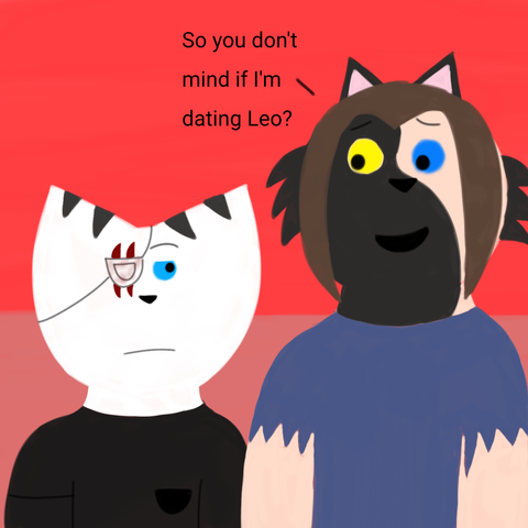 Drawing of Cinder looking nervously at Minea, saying "So you don't mind if I'm dating Leo?" while Minea looks at him tiredly