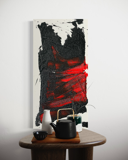 Picture of an abstract acrylic painting with black and red color