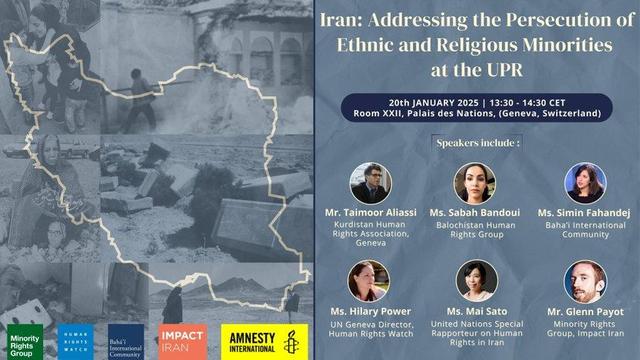 @BahaiBIC_Rights

Únase a nosotros en Ginebra para '#Irán:  Abordar la persecución de las minorías #étnicas  y #religiosas en el #EPU' el 20 de ene,  Sala XXII, Palacio de las Naciones. Un período previo a la revisión #UniversalPeriodicReview de Irán el 24 de enero