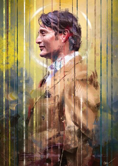 Side portrait of Mads Mikkelsen as Hannibal. He is wearing a beige suit, and he's smiling warmly at someone or something we cannot see. He is holding a leather bag under his harm. A white halo surrounds his head, and the background is rendered with rough yellow, blue and green brush strokes.

