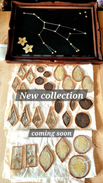 New collection of Nature Spells coming: a secondhand wooden frame with tiny pressed flowers in the shape of the Big Dipper constallation, many unfinished glass pendants for earrings and necklaces showcasing pressed plants parts (roots, skeleton petals, leaves and lunaria discs).