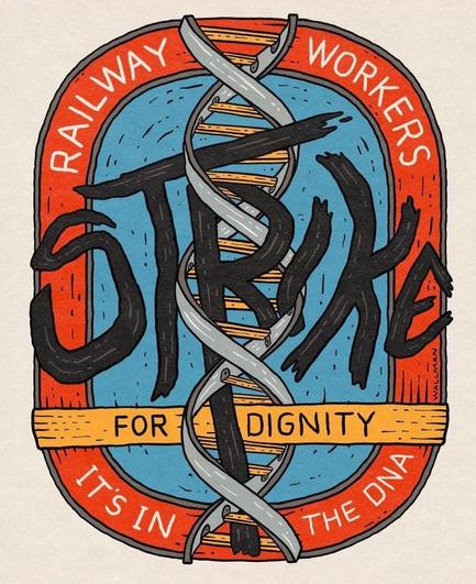 Illustration by Sam Wallman
Railway track and DNA helix

Text
RAILWAY WORKERS
   S. T. R. I. K. E 
For Dignity 
It’s In the DNA