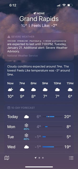 A screenshot of the iOS weather app showing temps in Grand Rapids of 10 degrees Fahrenheit or lower in the coming days. 