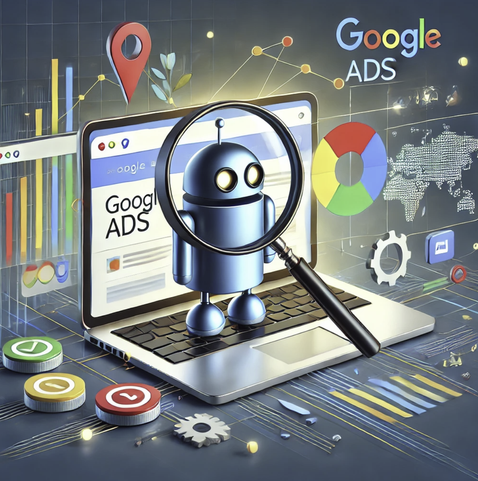 A robot on a laptop is in between a magnifying glass and Google.
