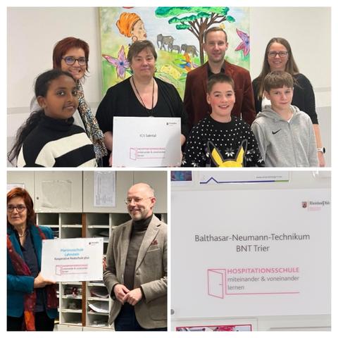 Collage aus drei Bildern: Gruppe von Lehrkräften und Schülern mit dem Schild Hospitationsschule, Schulleiter und PL-Mitarbeiterin mit dem Schild der zweiten Schule sowie Fotografie des aufgehängten Schildes der dritten Schule