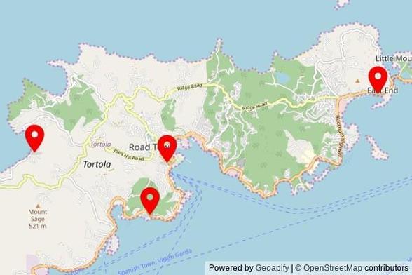 A map showing every place of worship we have visited so far in the Virgin Islands, British including:
Cane Garden Bay Baptist Church Hall in Road Town
The Church Of God Of Prophecy in East End
St. Williams Catholic Church in Road Town
New Life Baptist Church in Road Town