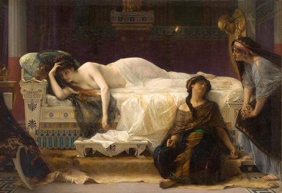 Phaedra, lounging on a sofa, two maids in front of her. 