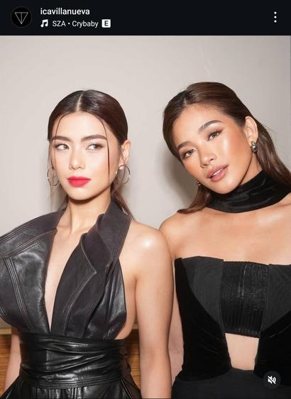 Screenshot of Instagram of photo of Mikha and Aiah of Bini in a dark gray and a black dress respectively